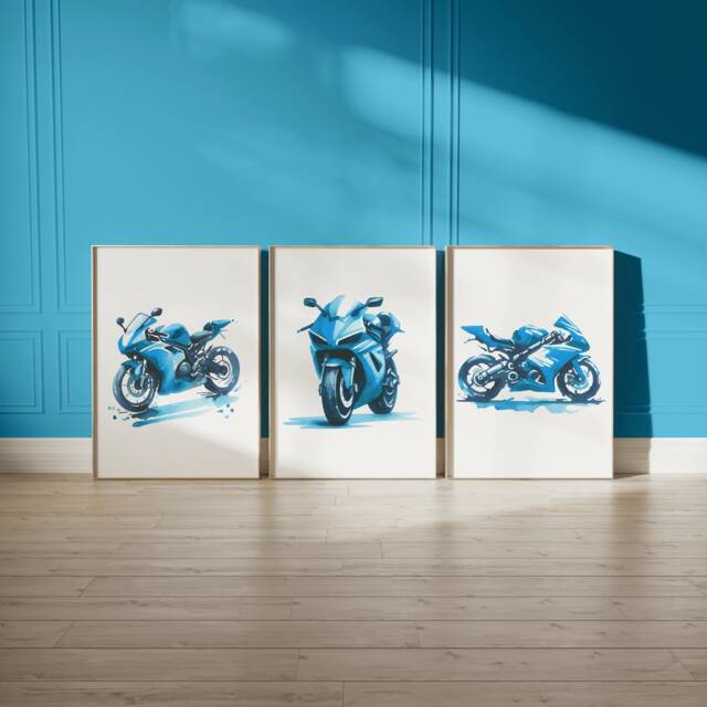 Blue Motorbike Prints - Set Of 3 Posters - Motorbiker Wall Art Boys Room Decor Kids Motor Bike Artwork Dirt Biker Gift - image 1