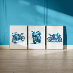 Blue Motorbike Prints - Set Of 3 Posters - Motorbiker Wall Art Boys Room Decor Kids Motor Bike Artwork Dirt Biker Gift - thumbnail 1