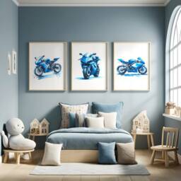 Blue Motorbike Prints - Set Of 3 Posters - Motorbiker Wall Art Boys Room Decor Kids Motor Bike Artwork Dirt Biker Gift - thumbnail 2