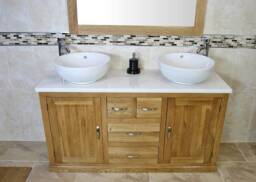 Bathroom Vanity Unit - Solid Oak With White Marble Top & Ceramic Bowl Options 603Wmcbc - thumbnail 1