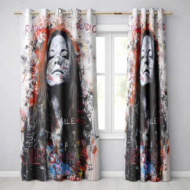 Woman Portrait With Graffiti Writing Urban Pop Art Expressive Artistic Home Decor Readymade Eyelet Ring Top Thermal 100% Blackout Curtains - image 1