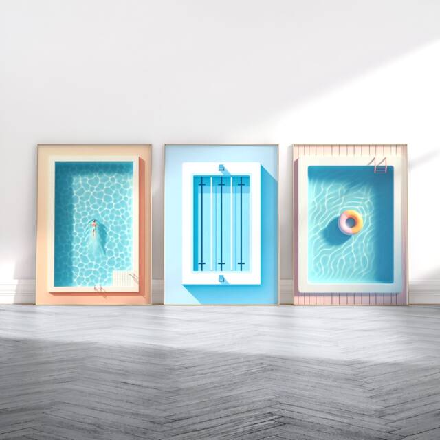 Swimming Pool Print Set - 3 Posters - Gift For Swimmer Swim Art Summer Wall Artwork Minimalist Blue Prints Gifts - image 1