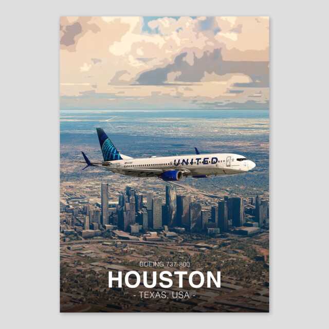 United Airlines Boeing 737 Poster - Houston Texas Aviation Art Print Civil Airliner Wall Pilot Office Decor - image 1