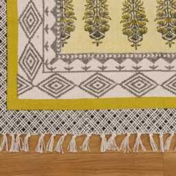 Handmade Floral Block Printed Cotton Rug - Yellow & Gray - thumbnail 2