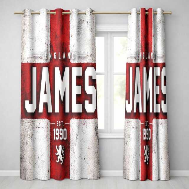 Personalised Name Year England Flag Curtains Three Lions Football Supporter Decor St Georges Cross Sports Match Fan Bedroom Window Drapes - image 1