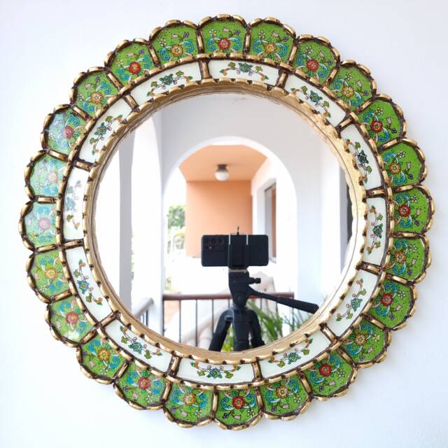 Peruvian Green Harmonious Mirror 50 cm Handmade Wall Decor - Carved Wood Round Elegant Statement For Living Room Bathroom - image 1