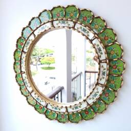 Peruvian Green Harmonious Mirror 50 cm Handmade Wall Decor - Carved Wood Round Elegant Statement For Living Room Bathroom - thumbnail 3
