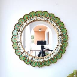 Peruvian Green Harmonious Mirror 50 cm Handmade Wall Decor - Carved Wood Round Elegant Statement For Living Room Bathroom - thumbnail 2