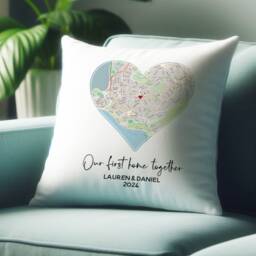 New First Home Cushion Gift For Couples. Area Map Of New Family House Housewarming. Homeowners Cover With Heart - thumbnail 1