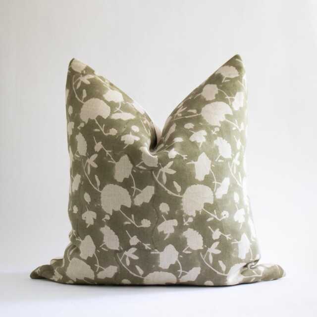 Olive Green Floral Linen Pillow Cover Hand Block Printed Cushion - Juniper - image 1