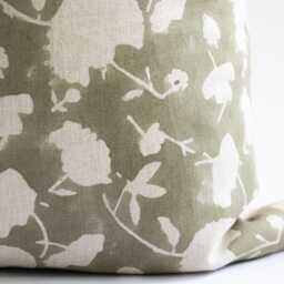 Olive Green Floral Linen Pillow Cover Hand Block Printed Cushion - Juniper - thumbnail 3