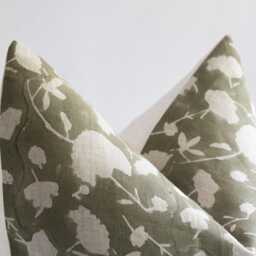 Olive Green Floral Linen Pillow Cover Hand Block Printed Cushion - Juniper - thumbnail 2