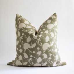 Olive Green Floral Linen Pillow Cover Hand Block Printed Cushion - Juniper - thumbnail 1