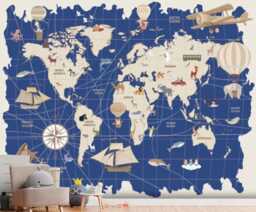 Kids Boy World Map Wall Mural Animals Wallpaper Boy Sticker Nursery Murals Customizable Decals Removable Blue - thumbnail 1
