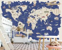 Kids Boy World Map Wall Mural Animals Wallpaper Boy Sticker Nursery Murals Customizable Decals Removable Blue - thumbnail 2