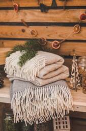 "Natural Wool Throw Blanket With Fringes Soft Warm Plaid Bedspread - 51"" X 83" - thumbnail 1