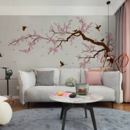 Cherry Blossoms Tree Wall Decal Nursery Wall Flower Branch With Birds, Kids Girl Room Sticker Decor-Dk474 - thumbnail 3