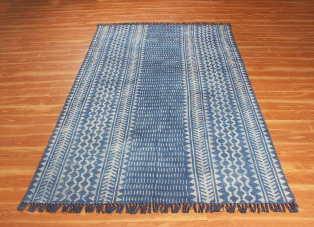 Indigo Blue Cotton Area Rug, Hand Block Printed Geometric Carpet - image 1