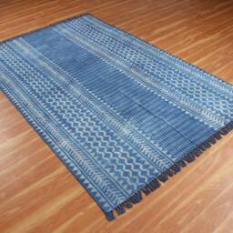 Indigo Blue Cotton Area Rug, Hand Block Printed Geometric Carpet - thumbnail 2