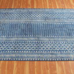 Indigo Blue Cotton Area Rug, Hand Block Printed Geometric Carpet - thumbnail 3