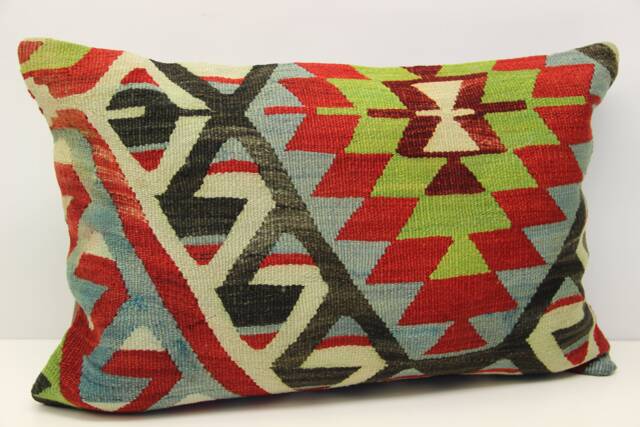 Turkish Kilim Pillow Cover 16x24, Handmade Wool Lumbar Cushion - image 1