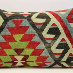 Turkish Kilim Pillow Cover 16x24, Handmade Wool Lumbar Cushion - thumbnail 2