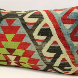 Turkish Kilim Pillow Cover 16x24, Handmade Wool Lumbar Cushion - thumbnail 3