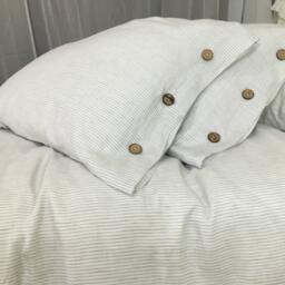 Stone Grey Ticking Striped Duvet Cover With Wood Button Closure - Washed Linen, Queen Duvet Cover, King Linen Bedding - thumbnail 2