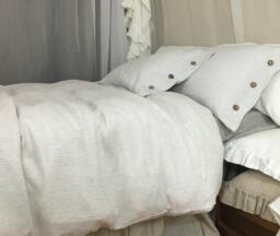 Stone Grey Ticking Striped Duvet Cover With Wood Button Closure - Washed Linen, Queen Duvet Cover, King Linen Bedding