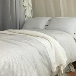 Stone Grey Ticking Striped Duvet Cover With Wood Button Closure - Washed Linen, Queen Duvet Cover, King Linen Bedding - thumbnail 4