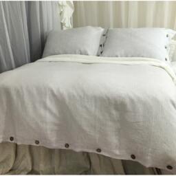 Stone Grey Ticking Striped Duvet Cover With Wood Button Closure - Washed Linen, Queen Duvet Cover, King Linen Bedding - thumbnail 3