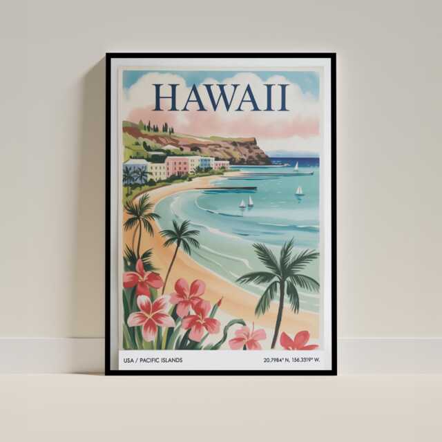 Hawaii Travel Poster Art Print - Vintage Style Pacific Islands Retro 1950S Gouache Beach Illustration Hawaiian Wall - image 1