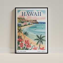 Hawaii Travel Poster Art Print - Vintage Style Pacific Islands Retro 1950S Gouache Beach Illustration Hawaiian Wall - thumbnail 1