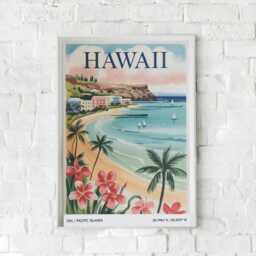 Hawaii Travel Poster Art Print - Vintage Style Pacific Islands Retro 1950S Gouache Beach Illustration Hawaiian Wall - thumbnail 3