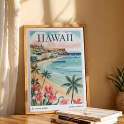 Hawaii Travel Poster Art Print - Vintage Style Pacific Islands Retro 1950S Gouache Beach Illustration Hawaiian Wall - thumbnail 2