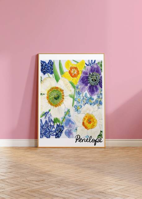 Personalised Kids Blue Floral Print, Girls Nursery Personalised Girls Name Print - image 1