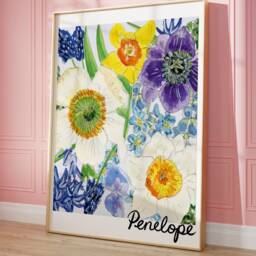 Personalised Kids Blue Floral Print, Girls Nursery Personalised Girls Name Print - thumbnail 3