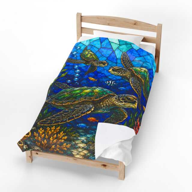 Sea Turtle Mosaic Velveteen Plush Blanket - Ocean Life, Coral Reef - image 1