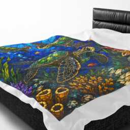Sea Turtle Mosaic Velveteen Plush Blanket - Ocean Life, Coral Reef - thumbnail 4