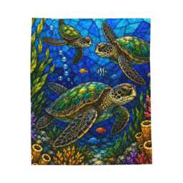 Sea Turtle Mosaic Velveteen Plush Blanket - Ocean Life, Coral Reef - thumbnail 3