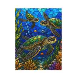 Sea Turtle Mosaic Velveteen Plush Blanket - Ocean Life, Coral Reef - thumbnail 2