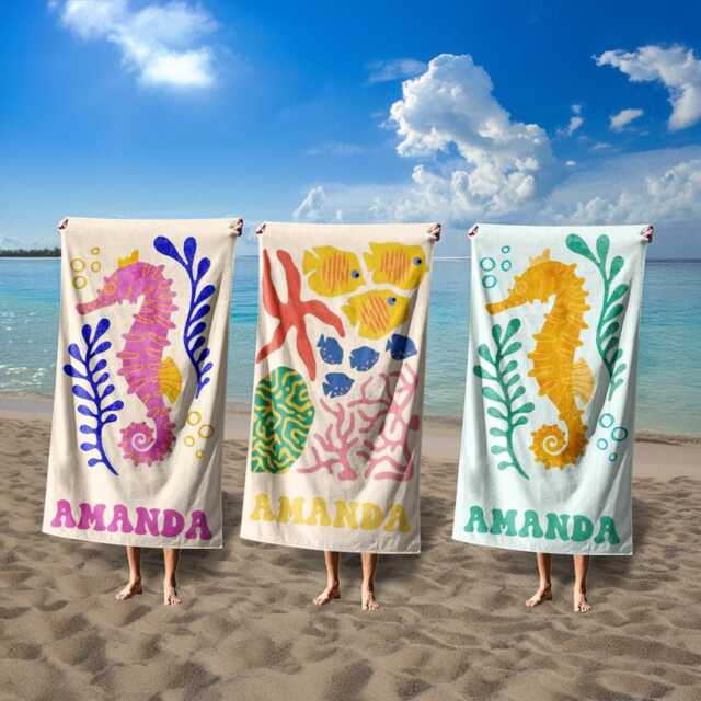 Marine Animal Personalized Beach Towel, Custom Name Towel For Baby/Kids, Preppy Girls Pool Kids Xmas Gift, Party Essentials - image 1