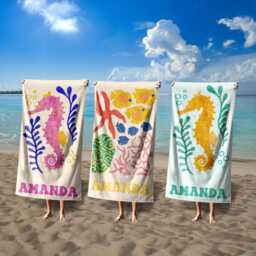 Marine Animal Personalized Beach Towel, Custom Name Towel For Baby/Kids, Preppy Girls Pool Kids Xmas Gift, Party Essentials - thumbnail 1
