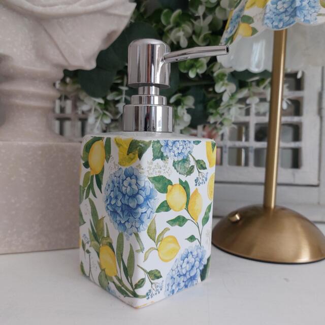 Lovely Blue Hydrangea & Lemon Decoupaged Ceramic Soap Dispenser.hand Decorated - image 1
