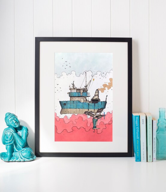 Steampunk Coastal Ship Print Comic Book Style Wall Art - image 1