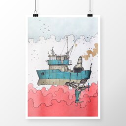 Steampunk Coastal Ship Print Comic Book Style Wall Art - thumbnail 2