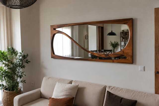 Wooden Wall Mirror Asymmetric Rectangular Organic Frame Living Room Decor Handmade - image 1