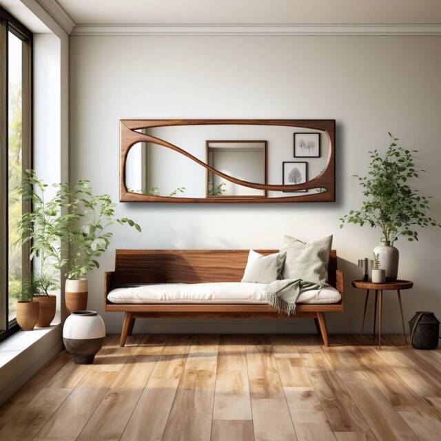 Wooden Wall Mirror Asymmetric Rectangular Organic Frame Living Room Decor Handmade - image 1
