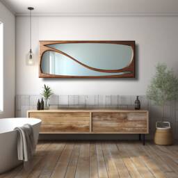 Wooden Wall Mirror Asymmetric Rectangular Organic Frame Living Room Decor Handmade - thumbnail 2