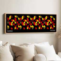 Black Bauhaus Geometric Wall Art Horizontal Retro Canvas Print in Red & Yellow For Bedroom Office Or Hallway Long Decor